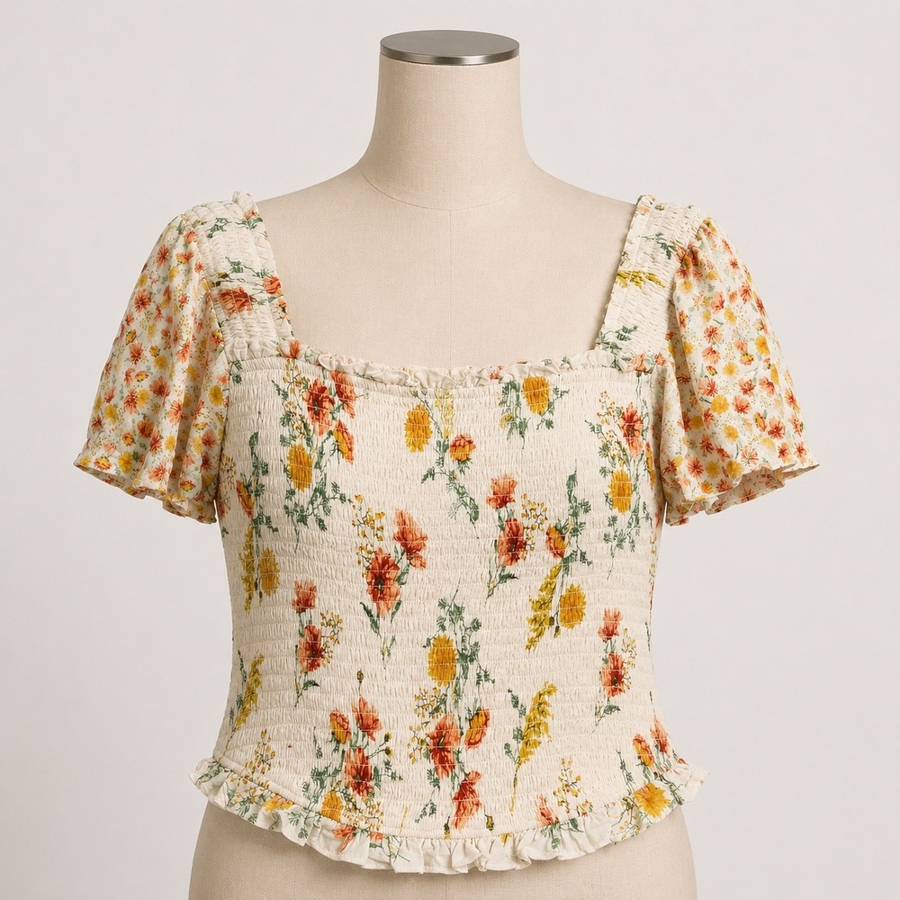 Torrid Smocked Flutter Sleeve Crop Top 1 1X Warm Sunset Floral 40440020 NWT